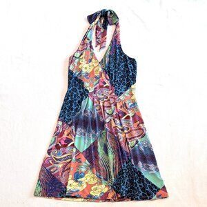 Catherine Malandrino halter dress Small stretch blue yellow orange green